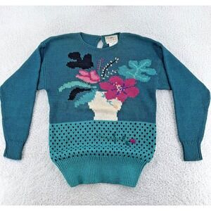 Vtg 80s Hand Loomed Floral Embellished Sweater XS Enfin Marcia Art Cottagecore